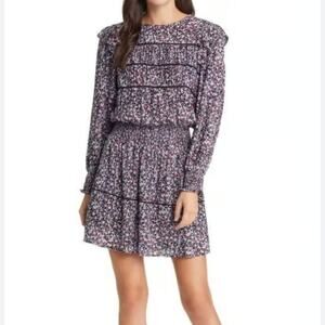 Rails Faren Floral Long Sleeve Smocked Waist Tiered Mini Dress Midnight Meadow M